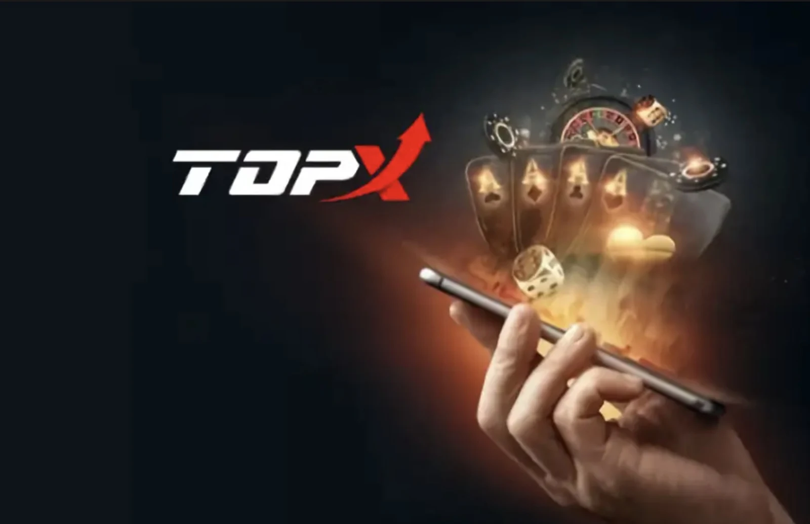 Mão segurando um celular com cartas e fichas de cassino saindo da tela, imagem da marca TopX